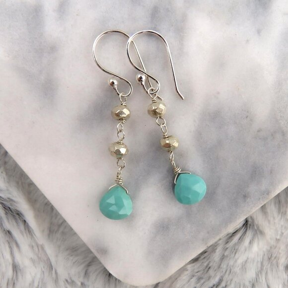 Sleeping Beauty Turquoise and Silver long Drop Earrings in 925 Sterling Silver - Picture 3 of 4